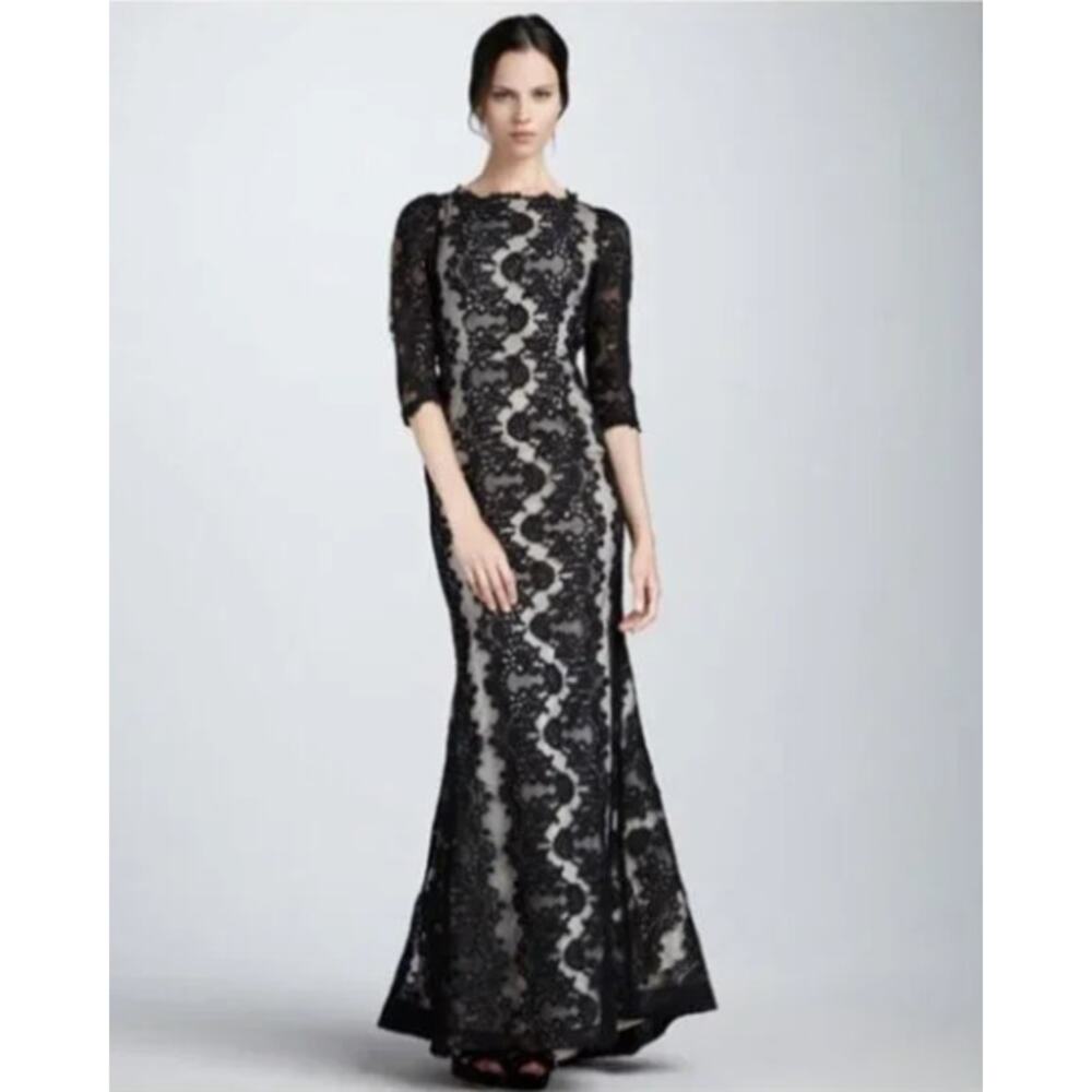 Alice + Olivia Jae Lace Open Back Maxi Dress Gown Black Mermaid Cocktail Size 8